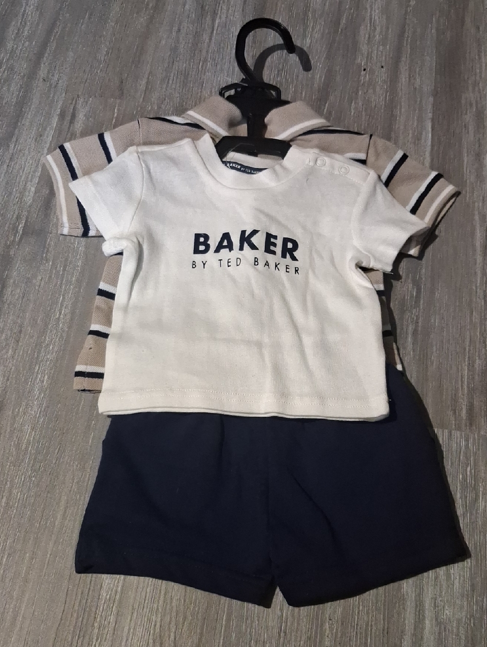 Ted Baker White Logo Tee with Navy Shorts & Neutral Striped Polo